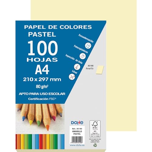 Dohe   Folios Amarillo Pastel (100 uds.)   Papeles A4 (21x29,7 cm), Grosor 80 gr/m², Hojas para Imprimir, Dibujo, Manualidades, Decoración, Encuadernación