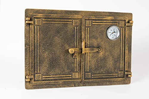 Sezam, Puerta de horno de hierro fundido, puerta doble para horno de pizza de 48 x 32,5 cm, con termómetro de 500 C, horno de pan, cocina de jardín y cámara de ahumado, color dorado envejecido