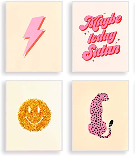 HOSUM ART Preppy Room Decor Aesthetic Canvas Wall Art for Teen Girls Bedroom Hot Pink College Dorm Room Posters Trendy Wall Decor - Set of 6 8x10in (UNFRAMED)