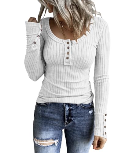 KINLONSAIR Women's Long Sleeve Henley Top - Slim Fit Ribbed Knit, Scoop Neck & Button Detail - View #8