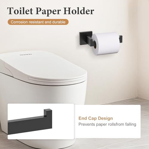 Image of TURS 5-Piece Bathroom Hardware Set Square Towel Bar Toilet Paper Holder Hand Towel Holder and 2 Towel Hooks, Matt Black SUS 304 Stainless Steel Wall Mounted, Q7BK-P5