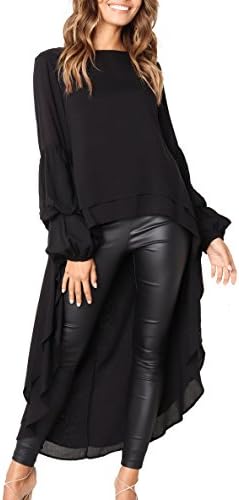 PRETTYGARDEN Women's Lantern Long Sleeve Round Neck High Low Asymmetrical Irregular Hem Casual Tops Blouse Shirt Dress (Black,Medium)