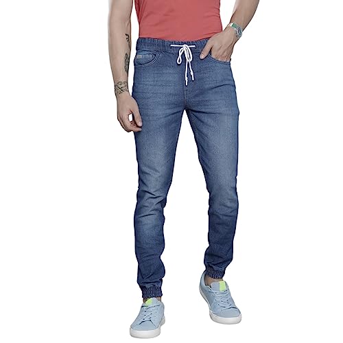 Image of The Indian Garage Co Men Slim Fit Solid Mid-Rise Stretchable Denim Joggers