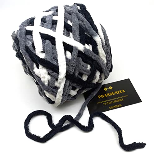 Image of Super Thick Fluffy Jumbo Polyester Baby Blanket Chenille Yarn For Knitting,Crochet&Home Decor Projects,Afghans,Throw Pillows,Cushions 100 Gms 6Mm Thickness Colour Grey Black Shaded.