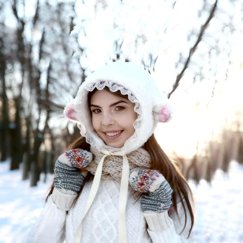 Wintermütze Damen, Mütze Schaf Ohren, Niedliche Mütze Damen, Frauen Winter Plüschmütze, Tiermütze mit Ohren, Weiß Winter Warmer Hut für Frauen Mädchen Outdoor Dress Up