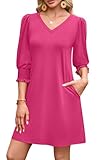 WIHOLL Summer Dresses for Women 2025 V Neck 3/4 Sleeve Spring Dresses Casual Cute Womens Beach Vacation Early Fall Fashion Sundresses Mini Sun Dress Cruise Outfits Essentials Hot Pink S
