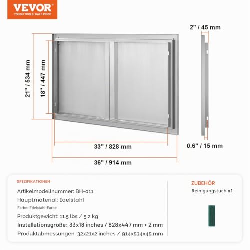 VEVOR Grill-Zugangstür, 914 x 534 mm, Doppelte Außenküchentür, Flächenbündig Montierte Edelstahltür, Vertikale Wandtür mit Versenkbaren Griffen, für Grillinsel, Grillstation, Außenschrank