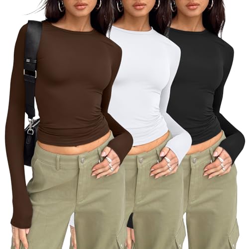 AUTOMET 3 Pack Womens Long Sleeve Crop Tops Basic Fitted T Shirts Slim Fit Crew Neck Y2K Layering Tees