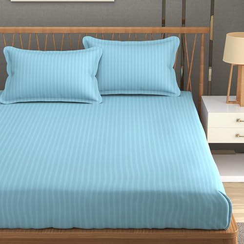 Image of Blue Strip Polycotton Bedsheet, Double 90x100 (Aqua Blue) | Hotel Quality | Soft, Breathable & Colourfast | Wrinkle Resistant | Machine Washable | Pillow Covers Included