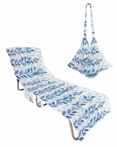 Blue Leaves Beach Chair Towel Covers for Chaise Lounge With Side Pocket, Soft Plush Pool Towels Cover for Patio Sunbathing Outdoor 29''x85'' Modern White Watercolor Botanical Plant