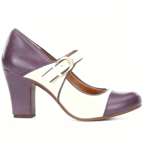 Image of SHODENSE Women Vintage Chunky High Heel Mary Jane Shoes Round Closed Toe Ankle Strap Dress Sandals 3 inch Block Heels Mary Jane Lolita Pumps Two-Toned Patchwork Buckle Office Lady Wedding Retro 4-11 M US