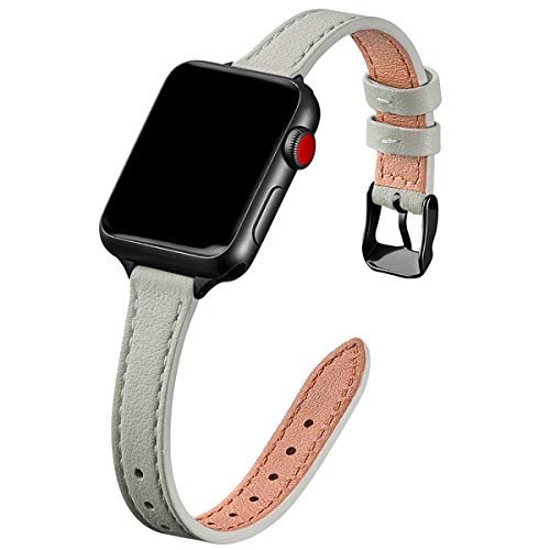 Image of STIROLL Slim Leather Bands Compatible with Apple Watch Band 49mm 46mm 45mm 44mm 42mm(Series 3 2 1), Top Grain Leather Watch Thin Wristband for iWatch Ultra SE Series 11 10 9 8 7 6 5 4(Gray Black)