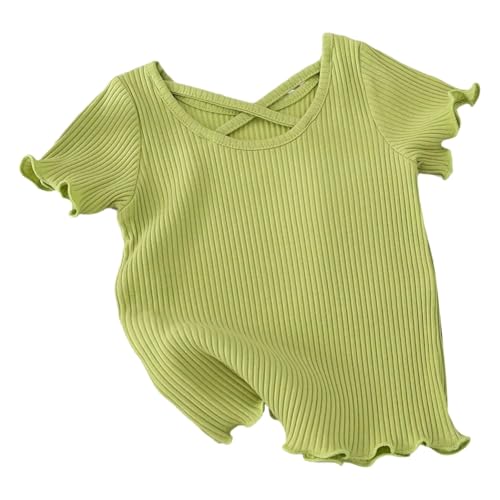 Girls Short Sleeve Ribbed Cotton Knit Shirt Baby Girl Criss-Cross Curve Hem Crop Tops Soft Comfort Plain Color Shirt - Main Image