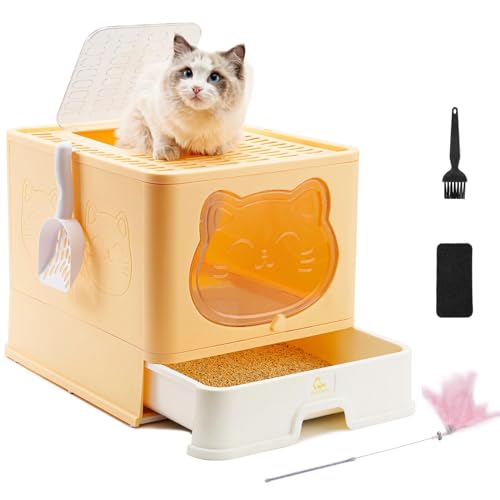 HelloMiao Vollständig Geschlossene Katzentoilette mit Deckel Schubladentyp Desodorierende Cat Litter Box Gross Faltbare Katzen klo mit Haustier-Kunststoffschaufel Geeignet