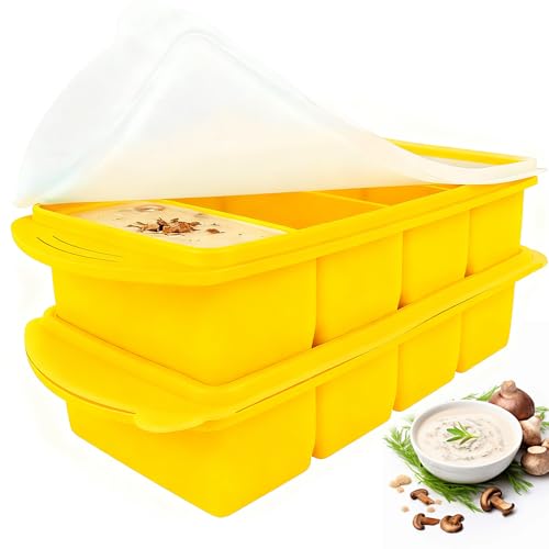 2 Pack Souper Cubes Silicone Freezer Tray, 1000ML Soup Freezer Containers with Lid, 4-Compartment Silicone Freezer Moulds, Makes 8 Perfect 1 Cup portions Cubes, for Meal Prep, Soup, Sauce (Yellow)
