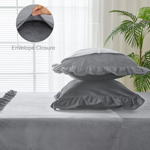 Image of Velvet Plush Flannel Sheet Set - Full Size 4-Piece - Ruffled Edge Design, 16 Inch Deep Pocket, Anti-Pilling & Fade Resistant - 220 GSM Breathable Luxury All-Season Bedding, Gray