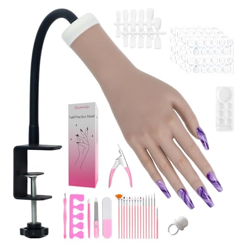 Practice Hand for Acrylic Nails Flexible Bendable Fake Hand with Adjustable Stand Nail Training Kit Mannequin Hand for Beginners & Nail Artists(Dark skin tone)
