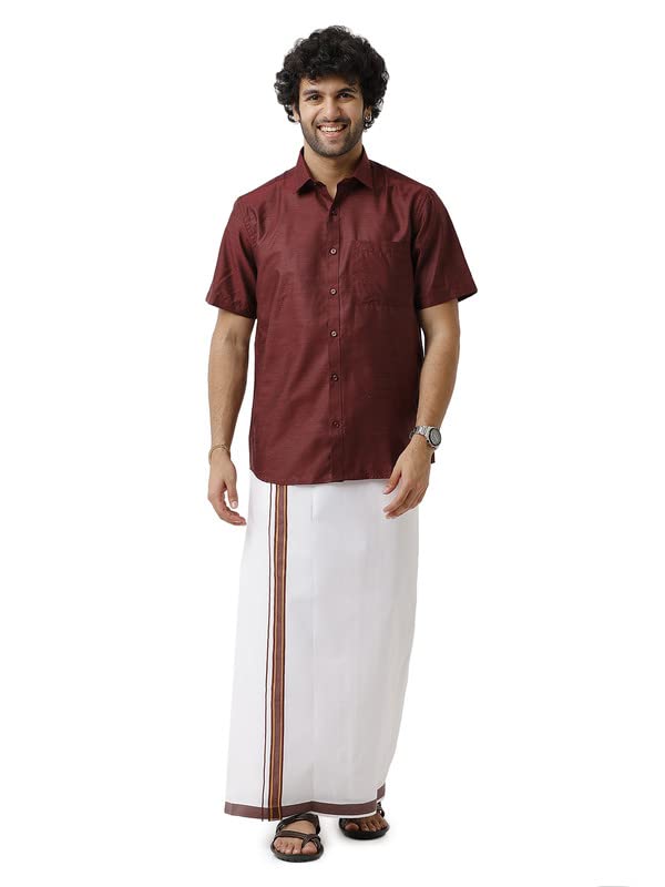 Image of UATHAYAM Divine Maroon Cotton Regular Fit Solid Half Sleeve Shirt And Dhoti Set