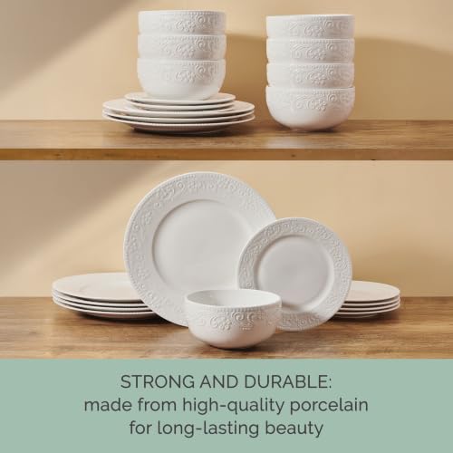 Image of Pfaltzgraff Charm 24 Piece Dinnerware Set, White Porcelain Plates, Bowls