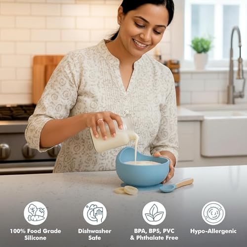 Image of Baby Feeding Bowl & Spoon Set | Silicone Suction Bowl for Baby Food | BPA-Free Baby Bowl and Spoon Set | (Sky Blue)