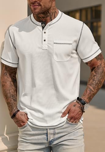 Mens Henley Shirts Casual Waffle Stretch Summer T-Shirt with Pocket (S-XXL) 5