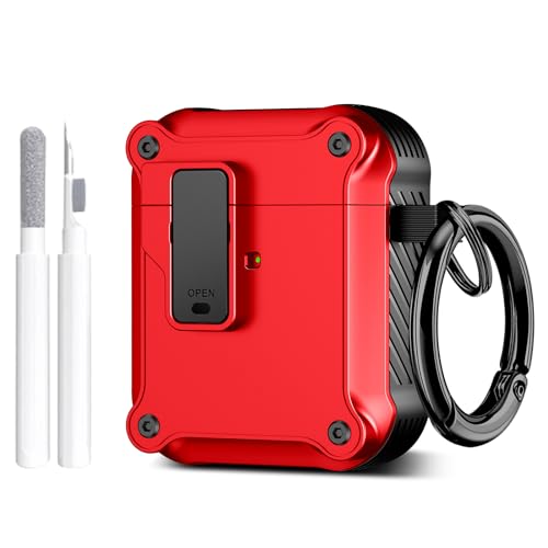 Maxjoy for AirPods Case, Carbon Fiber Secure Lock Clip Full Body Shockproof Hard Shell Protective Case Cover with Keychain for AirPod 1st and 2nd Generation Wireless Charging Case, Red