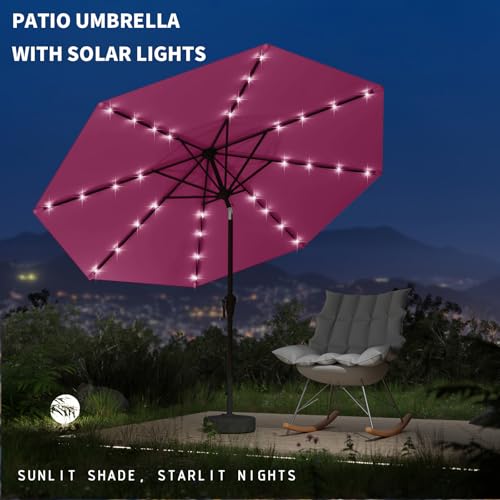 Image of 9FT Patio Umbrella with Solar Lights,Outdoor Market Umbrella with Tilt and Crank, LED Lighted Table Umbrella for Garden,Deck,Backyard,Pool,Beach (Rose Pink)