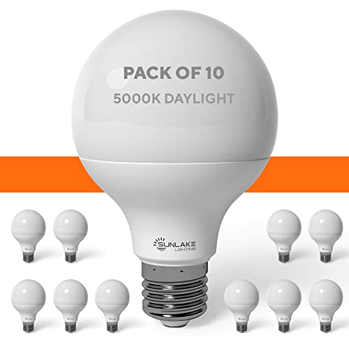 SunLake 10 Pack G25 Vanity Led Globe Light Bulbs 5 Watt (40 Watt Equivalent) Dimmable, 5000K Daylight LED, Eye Friendly 450 LUMENS, E26 Base, Ideal for Bathroom Makeup Mirror Droplight, Floor lamp