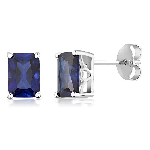 Gem Stone King 2.00 Cttw Simulated Blue Sapphire Bridal Stud Earrings For Women Men | 925 Sterling Silver | 7X5MM Emerald Cut