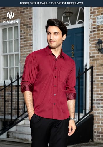 Image of HISDERN Mens Business Dress Shirts Long Sleeve Casual Button Down Shirt Formal Inner Collar Contrast Shirt for Men Wedding