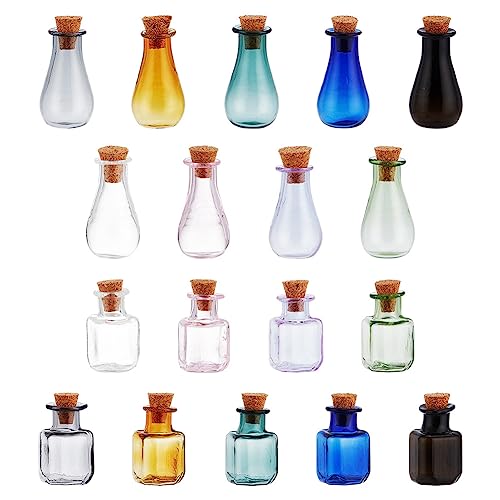 BENECREAT 18 Pack 9 Colors Mini Potion Bottle, 2 Shapes Multi Color Cork Stoppers Glass Bottles Wishing Bottle for DIY Crafts, Wedding, Birthday, Party Favors, 2 Color/Shape