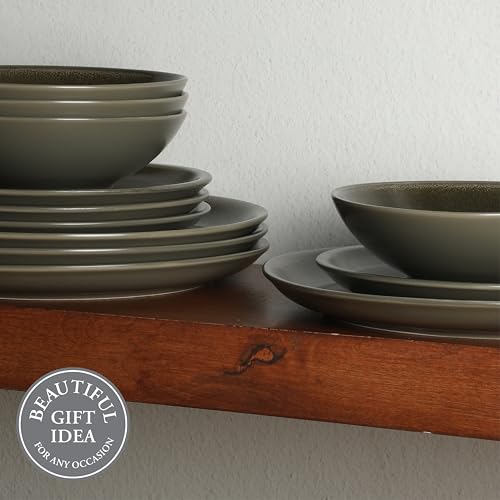 Image of Gibson Elite 12 Piece (Service for 4) Lakecrest Plates and Bowls Reactive Glaze Round Dishes Stoneware Ceramic Dinnerware Set - Dark Green