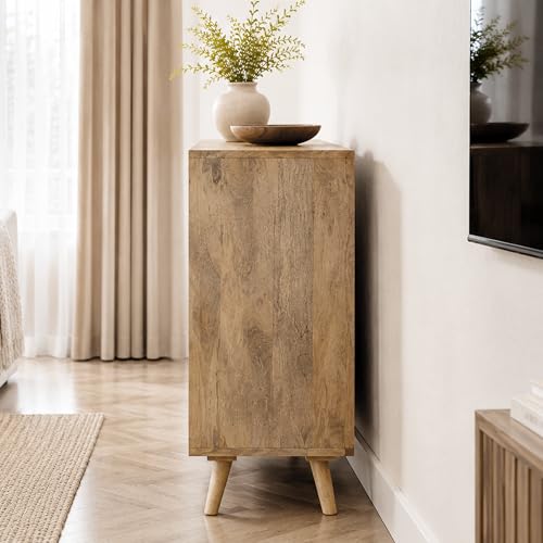 Image of The Attic INES Cabinet, Coffee Table for Living Room, Solid Wood Centre Table with Cane with Sliding Doors, Natural Finish