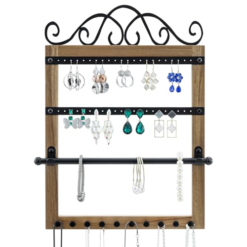 MyGift Premium Acacia Wood & Black Metal Wall Mounted Jewelry