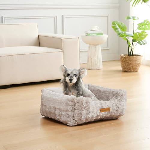 Image of Modern Threads Brushed Long Pile Rabbit Fur Cuddler Dog Bed, Bolstered Supportive Sides, Calming Nest Design, Removable Washable Cover, Bed for Small to Medium Dogs, Stone, (24 inch L x 20 inch W x 8 inch Th)