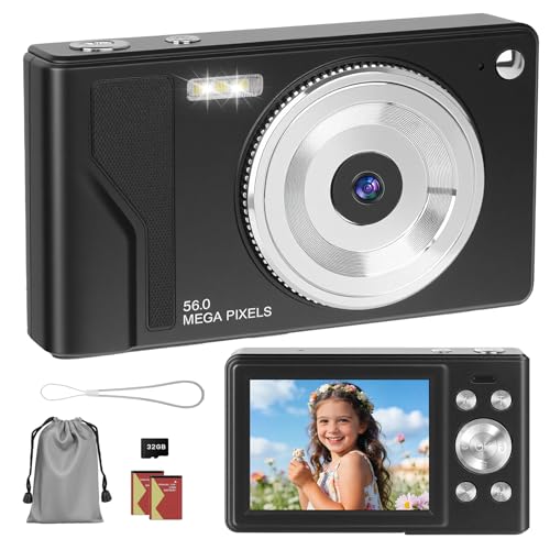 HERBYD Appareil Photo Numérique 56MP 1080P FHD avec Autofocus, Zoom Numérique 16X, Écran LCD 2,8", Carte SD 32GB & 2 Batteries - Compact et Léger Idéal pour Enfants, Débutants et Voyages (Noir-1)