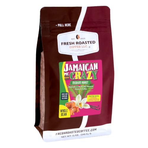 Fresh Roasted Coffee, Jamaican Me Crazy Flavored Whole Bean Coffee, Medium Roast, Kosher, 12 oz