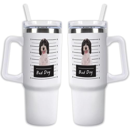 GABSHAIM Custom White Tumbler Double-Layer Insulation Dog Travel Mug with Handle & Straw Lid Double Sided Printed Travel Coffee Cup Labradoodle Pattern Design 40 oz