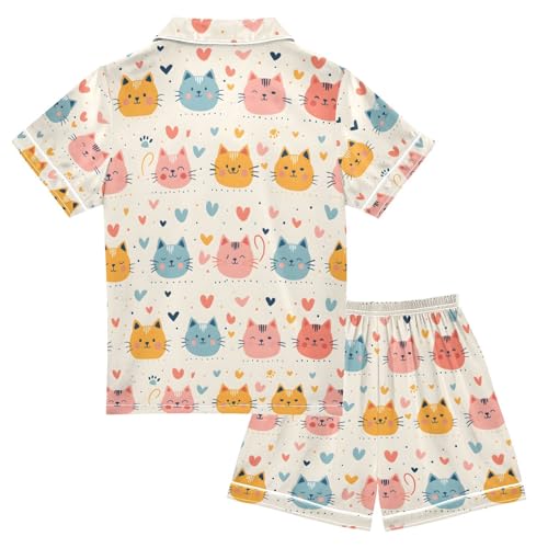 ALAZA Cat Head Love Heart Pajamas Satin Pajama Set Short Sleeve Button Down Sleepwear2
