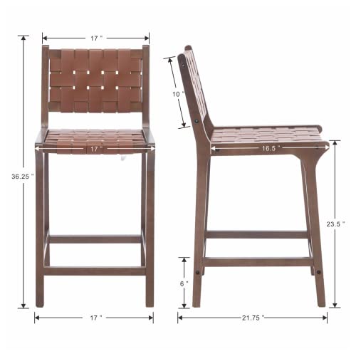 Chairus 23.5" Faux Leather Counter High Bar Stools Set Of 2 With Woven Seat And Backrest Modern Square Faux Leather Straps Short Bar Stools With Wooden Footrest For Kitchen/Dining Room/Home Bar, Brown #TOP2