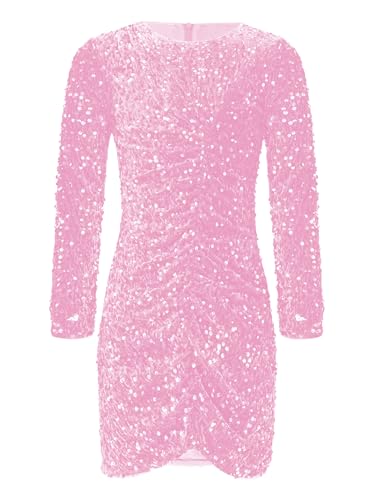 DINORMIN Kid Girl Glitter Sequin Party Gown Round Neck Bodycon Dress Long Sleeve Cocktail Party Gown