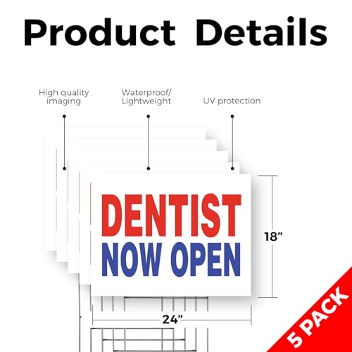 Dentist Now Open Yard Sign 5 Pack of 18 Inch x 24 Inch Double Sided Weatherproof Heavy-Duty Plastic with Stake | New Location, Family Dentistry, Professional Services | Made in USA by SignMission - Used condition - Image 2