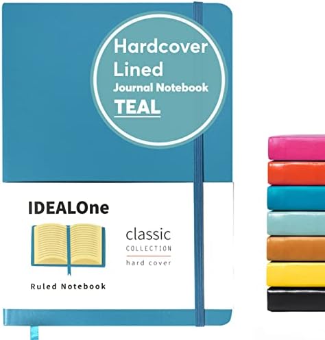 IDEALOne Classic Hardcover Lined Notebook Journal – Work, Home, School, 5.7 x 8 inches, 7mm wide college ruled,160 pages,100GSM, Elastic Band Closure, Ribbon Bookmark, Teal