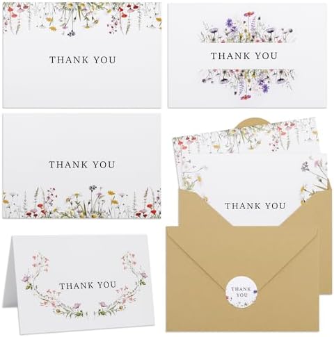 20 Pack Floral Thank You Cards With Envelopes,4x6 inch Wildflower With Adhesive Envelope & Stickers,Thank You Cards for Birthday,Wedding,Baby Showers,Banquet