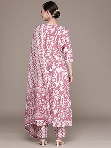 Image of ishin Women's Mauve Embroidered Anarkali Kurta with Trouser & Dupatta