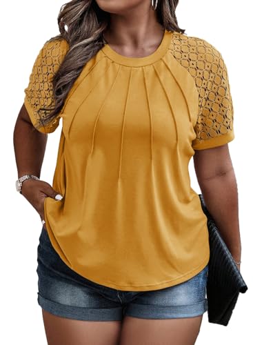 Image of Eytino Plus Size Tops for Women Summer Lace Short Sleeve Crewneck Loose Casual Blouse Tunic T Shirts(1X-5X)