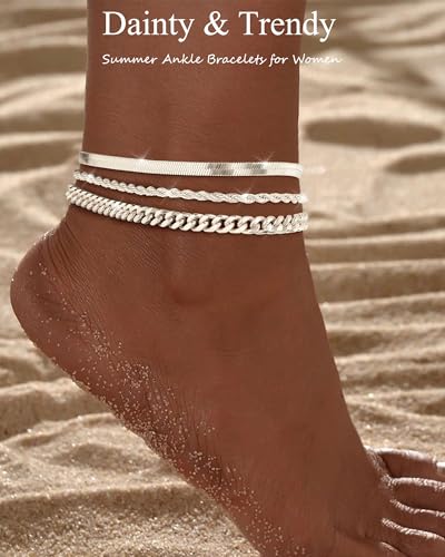 Image of ZHESHY Gold Silver Ankle Bracelets for Women 14K Gold Plated Anklets for Women Waterproof Cuban Link Heart Chain Anklets Set Non Tarnish Dainty Layered Anklet Bracelets for Women Summer Beach Jewelry