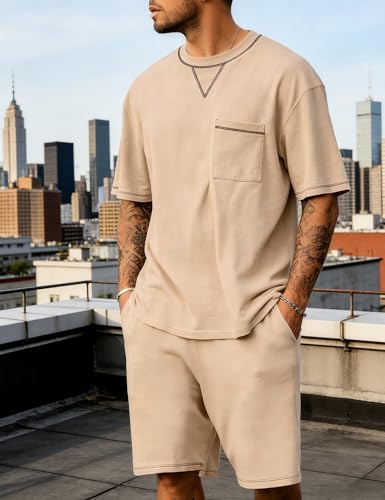 Image of SWOMOG Mens Pajamas Set Summer Sleepwear Short Sleeve Pjs Set Soft 2 Piece Lounge Set Comfy Loungewear with Pockets