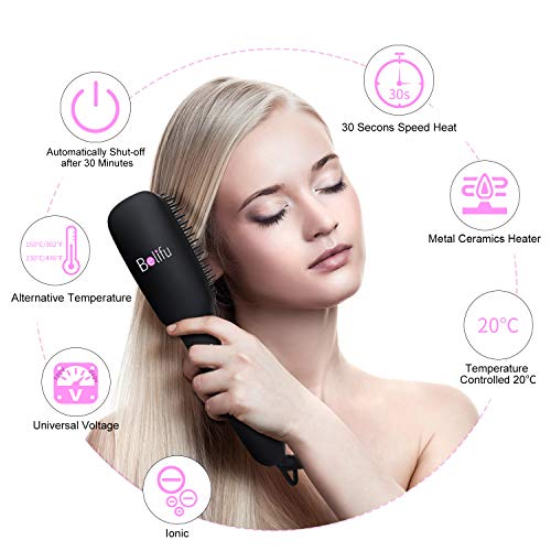 Belifu Ionic Hair Straightener Brush Dual Voltage with Silicone Mat Pouch for Safe Storage, Straightening Comb Protect Sensitive Scalp, 30s Fast Ceramic Heating, Auto Off,with Comb Cleaner and Glove - Thumbnail 7