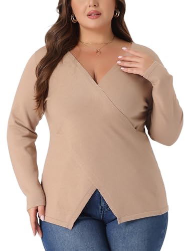 Image of Agnes Orinda Plus Size Knit Tops for Women Wrap V Neck Criss Cross Long Sleeve Asymmetrical Sweater